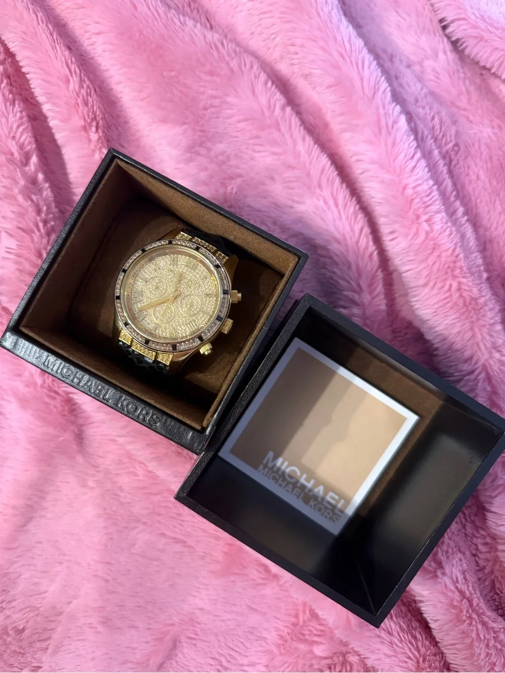 Michael Kors Gold Crystal Dial Unisex Watch with Black Leather Strap